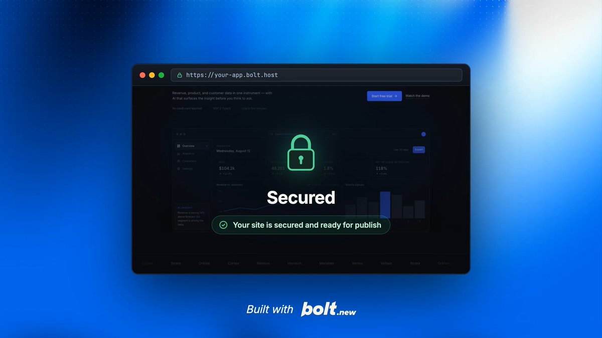 Today we're shipping a security engineer into every Bolt project. AI made building faster. It made attackers faster too. So we’ve made SoTA agentic security the default. For free. 🧵