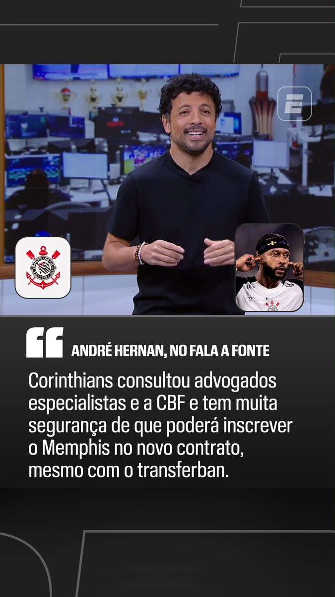 DÁ PRA INSCREVER DEPOIS? No Fala a Fonte, André Hernan falou sobre a preocupação da torcida do Corinthians de que Memphis não poderia ser inscrito após o dia 1º de agosto por conta dos transferbans que a equipe está sofrendo, mas segundo apuração do repórter da ESPN o clube entrou em contato com advogados especialistas e a CBF e tem a garantia de que o holandês poderá ser inscrito nas competições mesmo com os transferbans ativos! ASSISTA ao Fala a Fonte, de segunda à sexta, no YouTube da ESPN Brasil! #FalaFonte #FutebolNaESPN