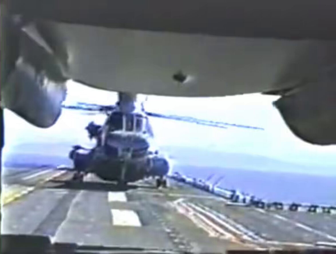 Rare footage of a CH-46 Sea Knight catching fire as it lifts off from the USS Bonhomme Richard on March 12, 1999. You can see just as the CH-46 lifts off the deck a fire erupt in the aft end of the helicopter and begin to spread towards those in the forward end. The helicopter quickly slams back down on the deck as the occupants evacuate the helicopter.