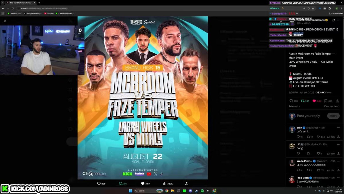 ‼️ Adin Ross says there will be 12-13 fights on Brand Risk 15, most of which are main event-worthy bouts 🥊📈