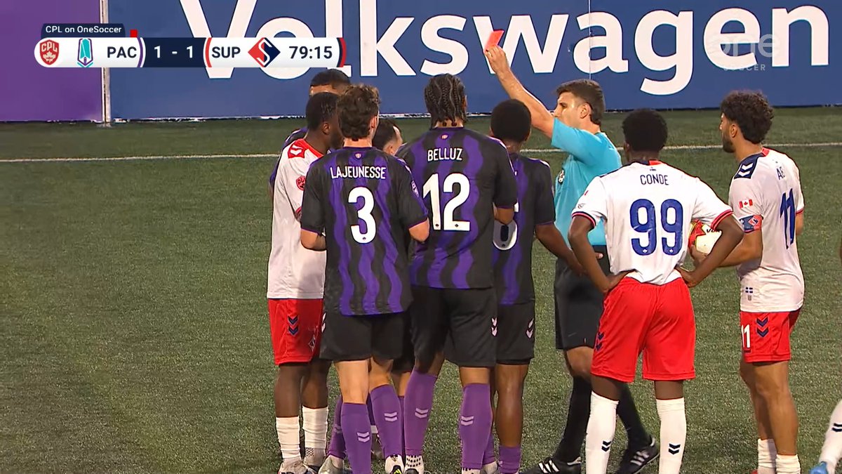RED CARD 🟥🟥 Marco Bustos was sent off for violent conduct, reducing Pacific to nine men as they fell to a 2-1 home defeat against Supra 👀 #CPLSoccer
