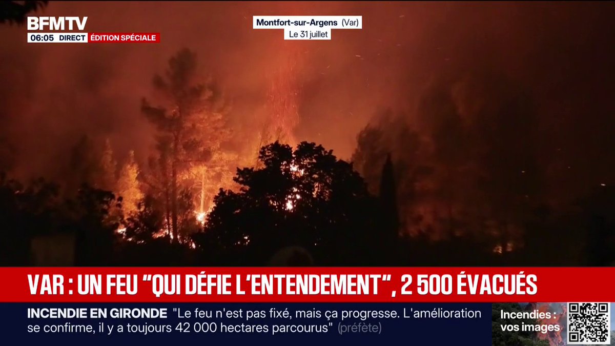 ❗️[ 🇫🇷 FRANCE ] 🔸Près de 2.500 habitants ont été évacués dans le Var après la violente reprise de l’incendie de forêt entre Pontevès, Correns et Montfort-sur-Argens. Les autorités font état d’une situation « très tendue », tandis que les pompiers restent massivement mobilisés pour tenter de contenir les flammes.