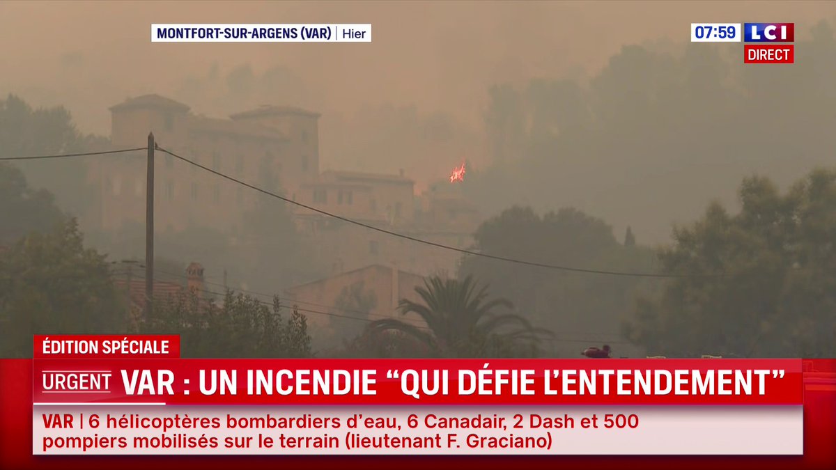 🔴 Le département du Var fait face à une violente reprise d'incendie dans le massif du Gros Bessillon.