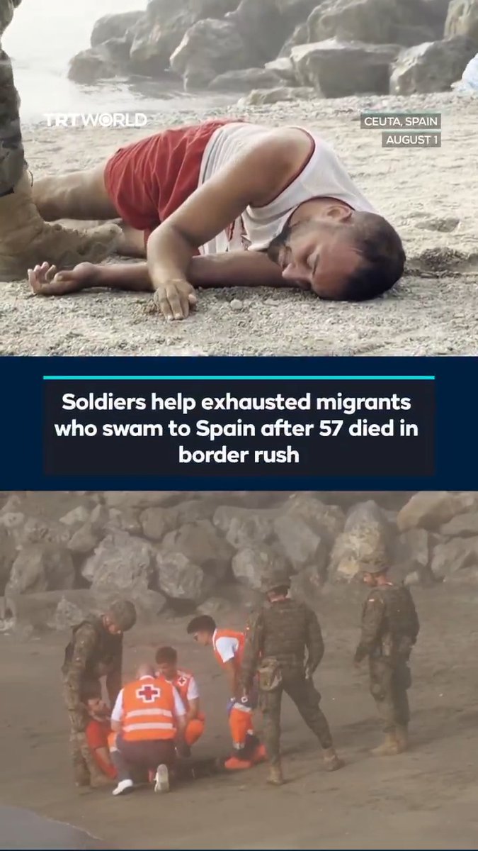 Spanish soldiers and medics aided exhausted migrants who swam to Spain’s Ceuta from Moroccon shores, providing medical treatment on the beach before carrying some away on stretchers. Spain says 57 bodies have been recovered on its side of the border following a mass rush into the enclave, with further casualties feared in Morocco