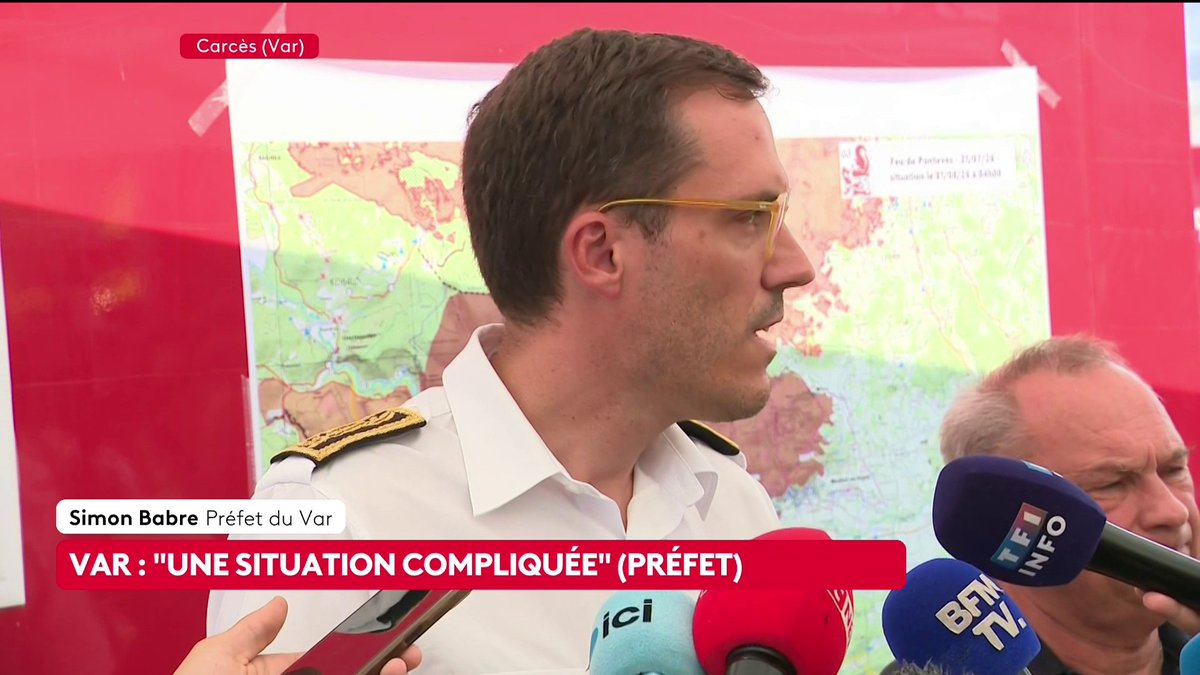 Incendies du Var : "Il y a 16 interpellations pour des incendiaires, dont 9 mineurs, depuis le début du mois de juillet dans le département", rappelle le préfet du Var Simon Babre, samedi à Carcès. #canal16