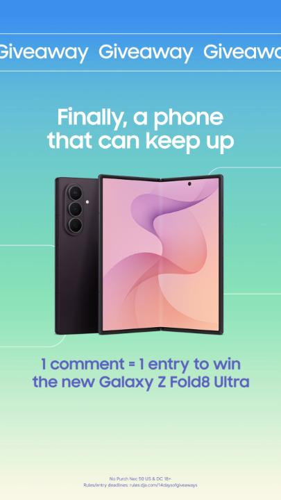 Get a phone that can keep pace with your busy life. Comment for a shot to win the new #GalaxyZFold8Ultra. 👌 #GalaxyAI Want to enter? ➡️ Like this post and reply with #GalaxyGiveaways #GalaxyZFold8Ultra for your chance to win. 👌 Pro Tip: Copy and paste the hashtags to make sure your entry is counted. 🤭 Unlimited entries, so shoot your shot. No Purch Nec 50 US & DC 18+ Ends 11:59pm CT on 8/1 Rules/entry deadlines: