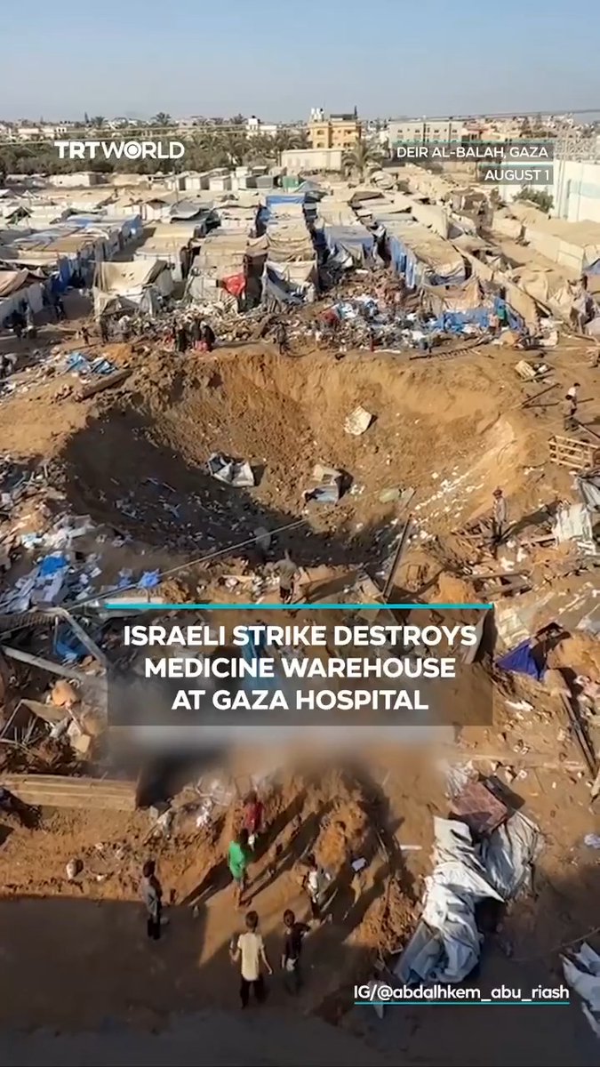 An Israeli air strike destroyed a medicine storage warehouse at Al-Aqsa Martyrs Hospital in Deir al-Balah, central Gaza, creating a large crater and damaging tents sheltering displaced families. The attack forced dozens of people who had taken refuge at the hospital to flee the area