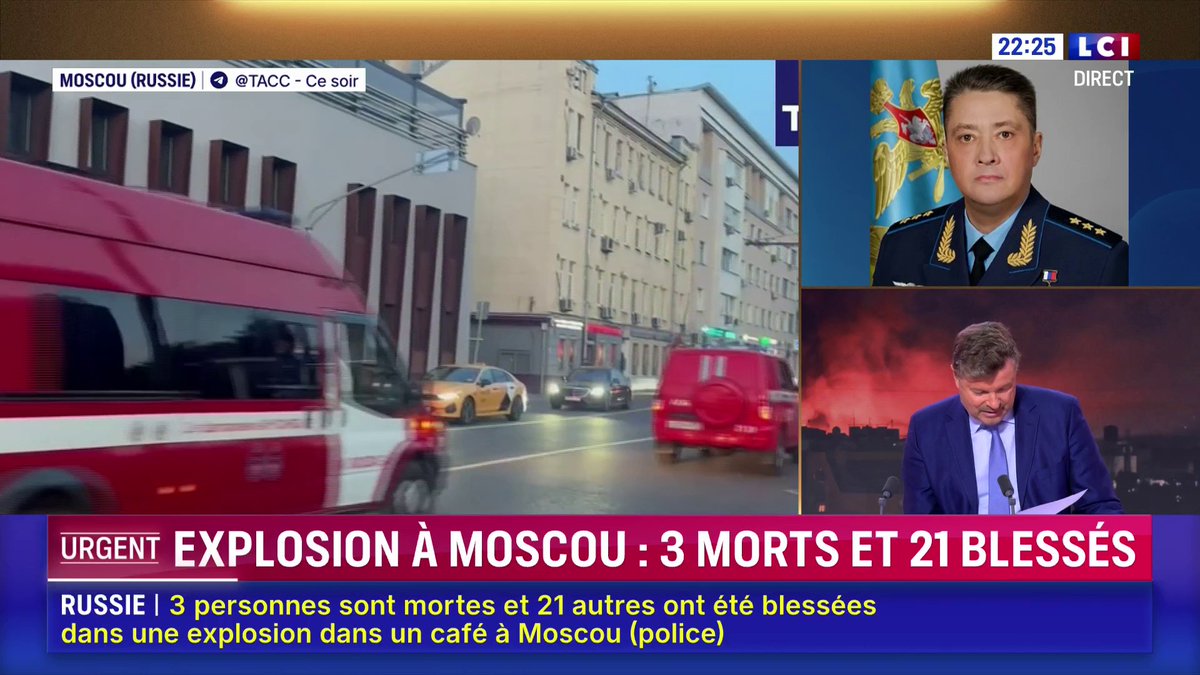 🚨 ALERTE INFO : 3 morts et 21 blessés après une explosion dans un café à Moscou ▶️ Selon les premières infos, un haut gradé russe, Alexandre Tchaïko, aurait été ciblé par une femme qui a tenté d’introduire une bombe dans le restaurant où se trouvaient des hauts responsables