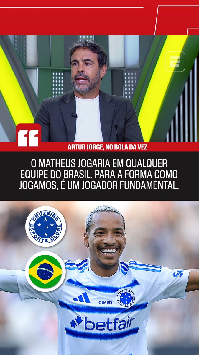 ‘JOGARIA EM QUALQUER EQUIPE DO BRASIL’ 🤩 Artur Jorge, técnico do Cruzeiro, rasgou elogios a Matheus Pereira durante sua participação no Bola da Vez e falou sobre a presença do atleta na Seleção Brasileira. 👉 Assista ao Bola da Vez com Artur Jorge, pela ESPN no Plano Premium do #DisneyPlus #FutebolNaESPN #BolaDaVez #ArturJorge