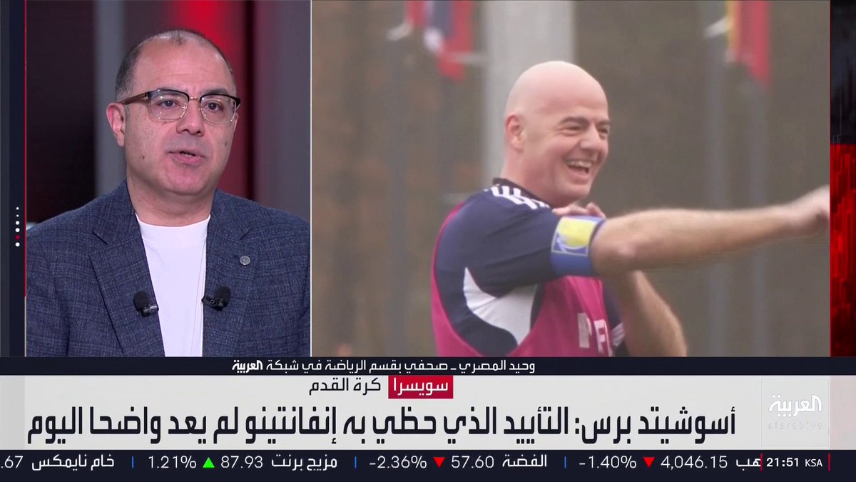 الصحفي في قسم الرياضة بشبكة العربية وحيد المصري: حظوظ إنفانتينو في الفوز بولاية رابعة على رئاسة "فيفا" كانت مرتفعة قبل مونديال 2026 لكن مقترح بيع حصص من البطولات لمستثمرين جعل مستقبله موضع شك.. و20% من الاتحادات تستطيع طلب جمعية عمومية طارئة لسحب الثقة منه شرط موافقة أغلبية الثلثين