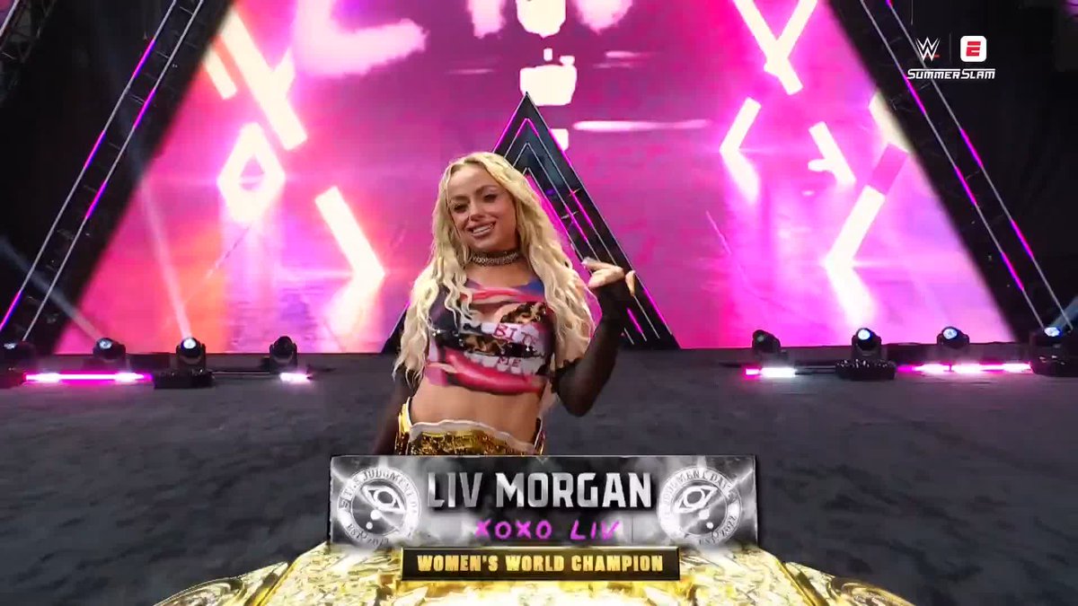 WATCH HER 👀 LIV Morgan is ready to defend her title and is rocking some custom gear as voted on by the WWE Universe! #SummerSlam is streaming RIGHT NOW on the ESPN App with ESPN Unlimited!