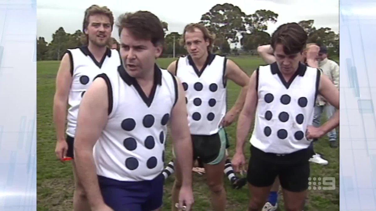 The boys couldn't believe what they were seeing (or hearing) when Llordo busted out this 80s' vision of TJ playing footy for What Caught My Eye 😂😂 #9AFLSFS | Watch on 9 & 9Now 🖥️