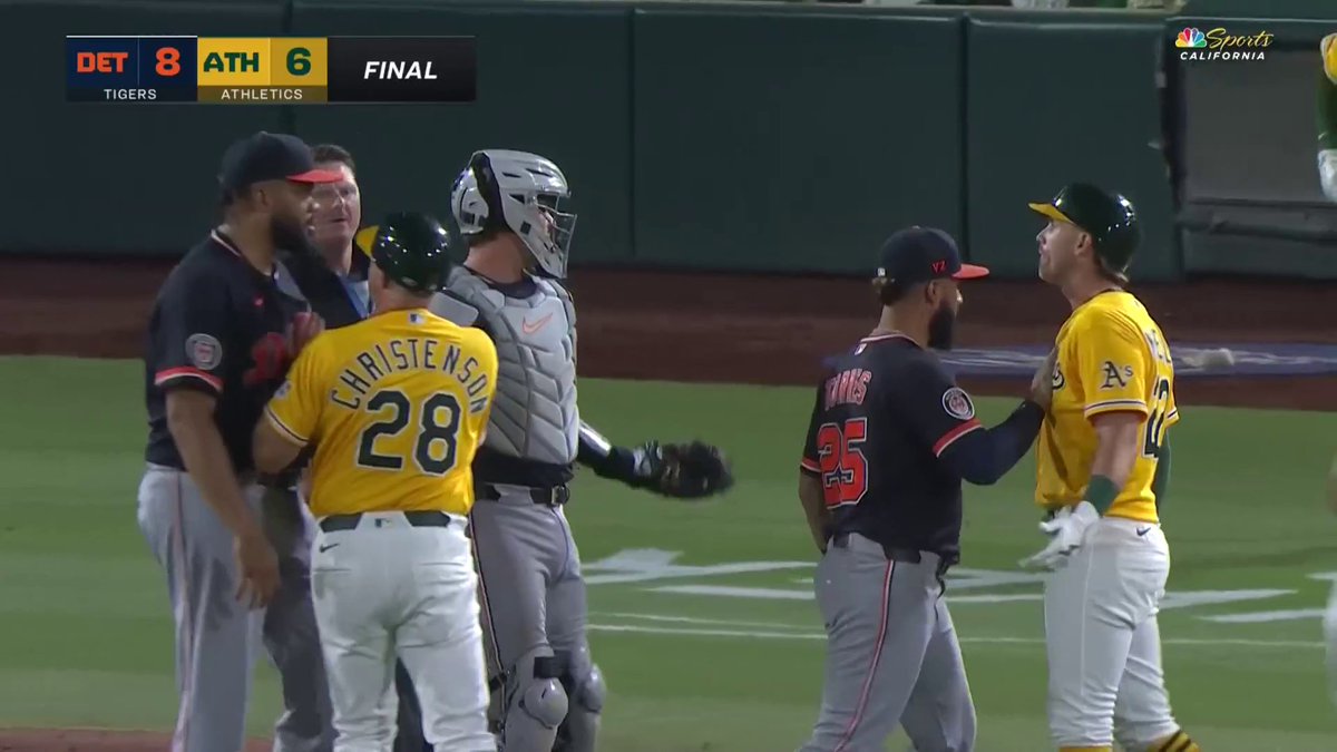 Benches clear at the end of tonight's Athletics-Tigers game after Kenley Jansen takes issue with Jeff McNeil's late bunt single