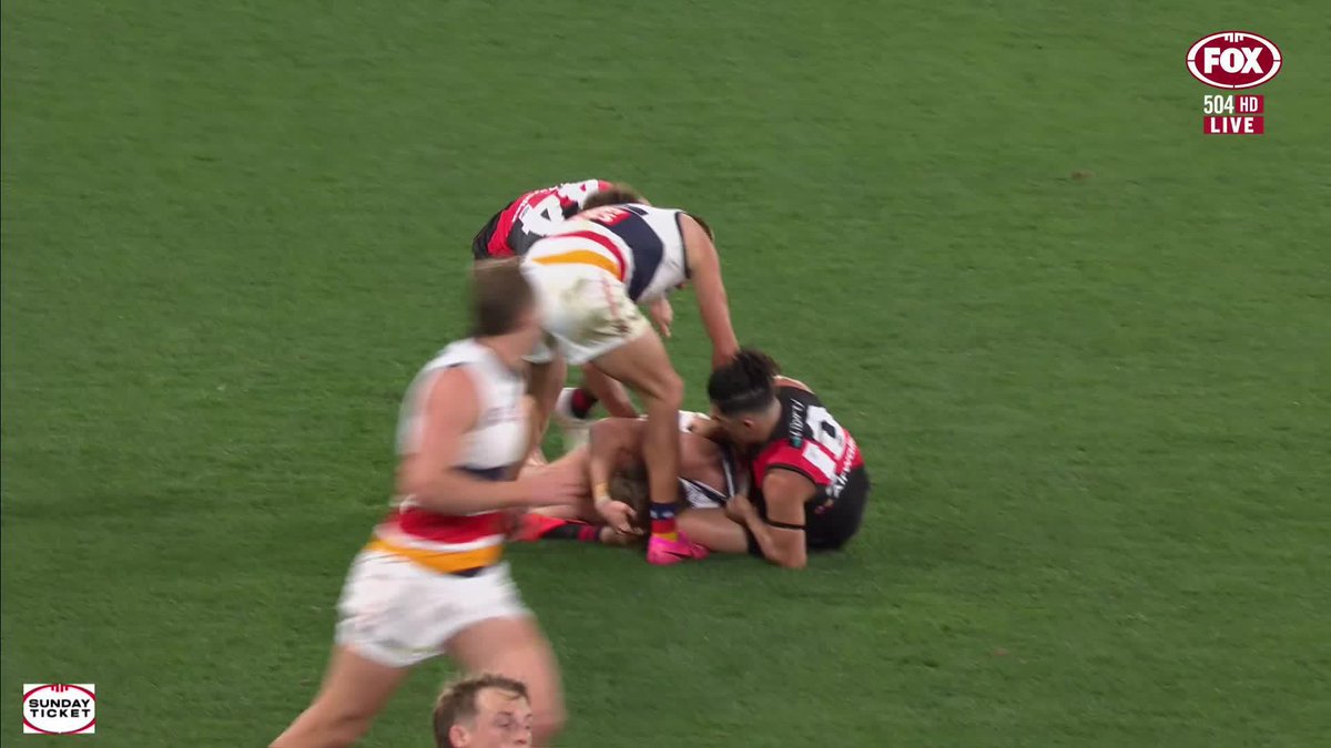 'CLOSE TO BEING DUMPED' 😬 Adelaide's Josh Worrell was slow to get up after being dragged head-first to the ground by Isaac Kako. 📺 Watch #AFLDonsCrows on Ch.504 or stream on Kayo: ✍️ BLOG 🔢 MATCH CENTRE