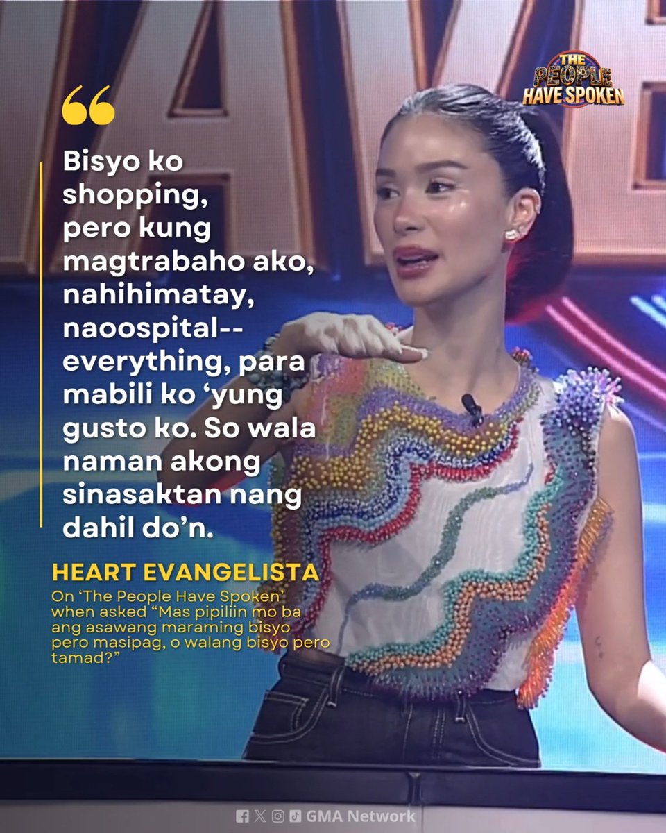 "Bisyo ko shopping... wala naman akong sinasaktan nang dahil do'n." #HeartEvangelista on #ThePeopleHaveSpoken question: "Mas pipiliin mo ba ang asawang maraming bisyo pero masipag, o walang bisyo pero tamad?" Watch the FULL Episode on YouLOL YouTube!