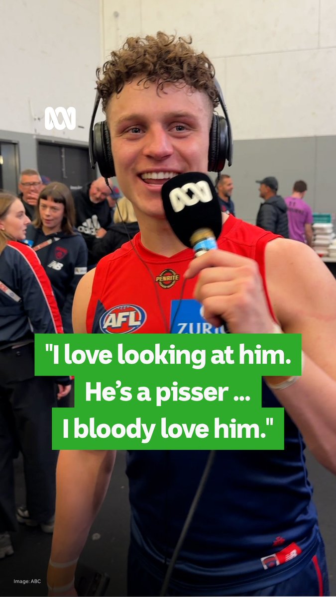 "I love looking at him. He’s a pisser." 😂 Melbourne defender Koltyn Tholstrup says his teammate Joel Fitzgerald is "made for football", and he can't stop looking at him. 💙❤️ Live blog: Listen live: #AFL #AFLSunsDees