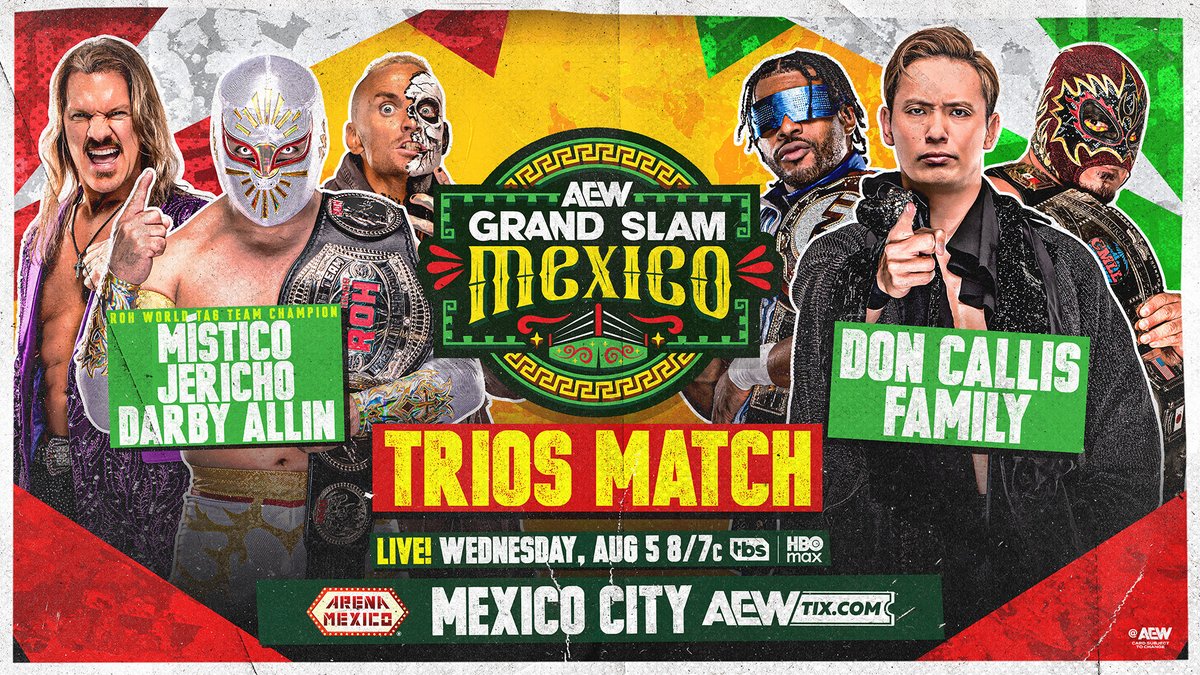 #AEWDynamite #GrandSlamMexico 8/7c TBS & HBO Max This Wed, 8/5 Chris Jericho/DARBY ALLIN/@CaristicoMX vs Kevin Knight ケビン・ナイト/@RainmakerXOkada/Rey Hechicero TNT Champion Kevin Knight challenged for 3 iconic championship caliber fighters to face The Family & Jericho, Darby & Místico answered!