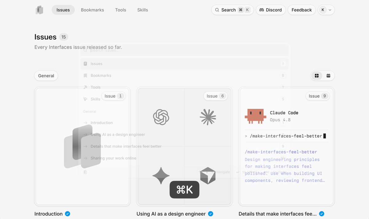 One of my favorite features I've added to Interfaces recently is the ⌘K menu. You can search for anything in any issue from anywhere. Built with cmdk, Fuse.js and Base UI.
