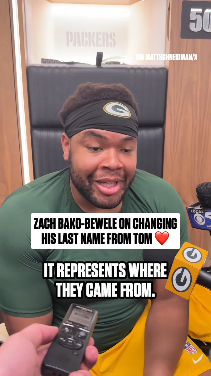 "I want to have a name that I can pass down where it represents where they came from." Green Bay Packers OT Zach Bako-Bewele explains why he changed his last name from Tom ❤️ (via Matt Schneidman) Back Together Weekend on @NFLNetwork