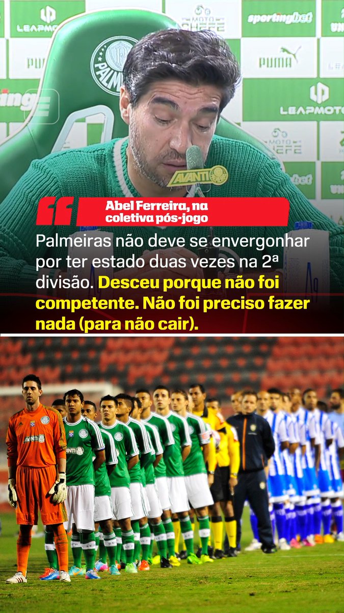 🚨 “Vocês conhecem a história do futebol brasileiro melhor do que eu. O Palmeiras não deve se envergonhar por ter estado duas vezes na 2ª divisão. Desceu porque não foi competente. Mas esteve lá com ORGULHO e HONRA. Não foi preciso fazer nada (para não cair).” 🎙️ Abel Ferreira. 🎥 ESPN Brasil | SportsCenter Brasil