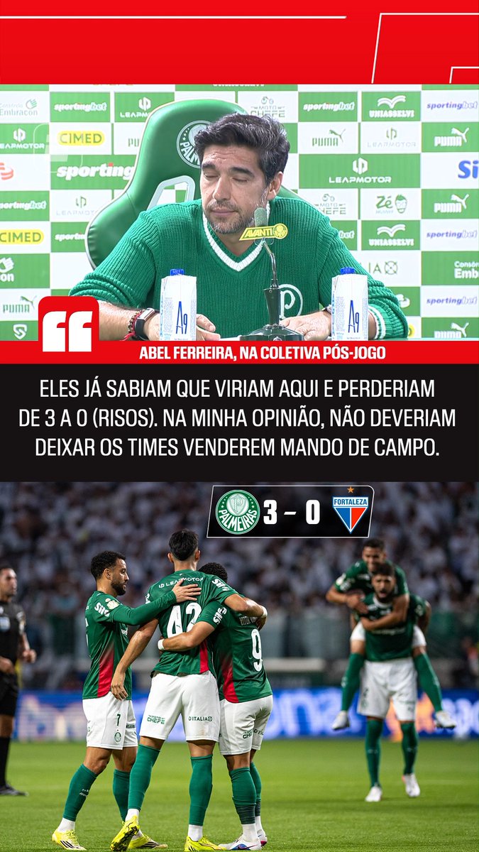 Abel Ferreira, sobre o Fortaleza ter vendido o seu mando de campo do jogo contra o Palmeiras: “Eles já sabiam que viriam aqui e perderiam de 3 a 0 😉” “Não deveriam deixar fazer isso, mas entendo a parte financeira.” 🎥 ESPN Brasil | SportsCenter Brasil
