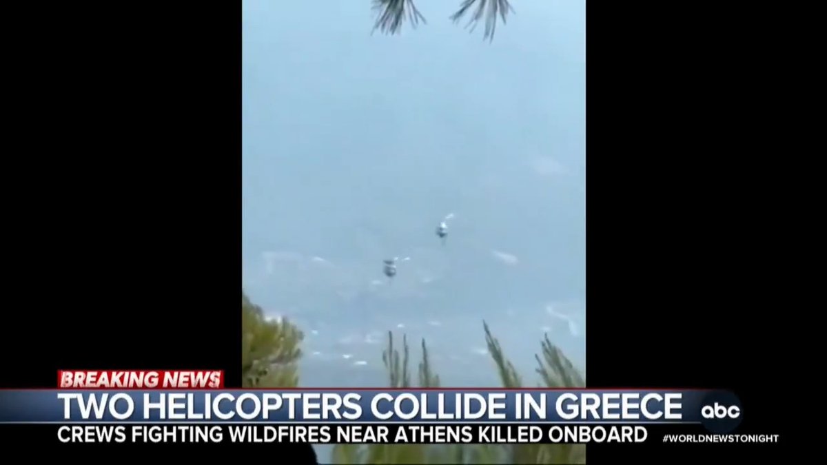 Two firefighting helicopters battling a major wildfire in Greece collided midair leaving two dead, triggering a search and rescue. The Hellenic Fire Service confirmed 2 of 4 crew died, 2 survived as crews in Portugal, Spain, and France battle wildfires. Marcus Moore reports.