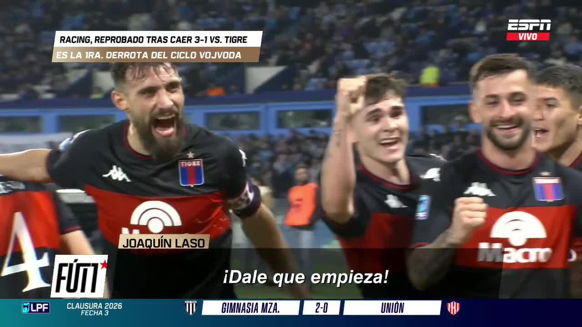 FESTEJO DOBLE: Joaquín Laso, ex Independiente, festejó de esta manera el 3-0 de Tigre ante Racing en el Cilindro. ▶️ Mirá #ESPNFútbol1 en el Plan Premium de #DisneyPlus