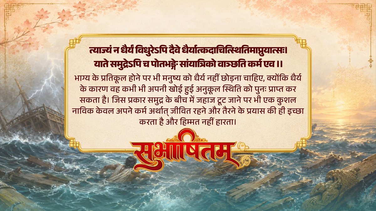 त्याज्यं न धैर्यं विधुरेऽपि दैवे धैर्यात्कदाचित्स्थितिमाप्नुयात्सः। याते समुद्रेऽपि च पोतभङ्गे सांयात्रिको वाञ्छति कर्म एव ।।