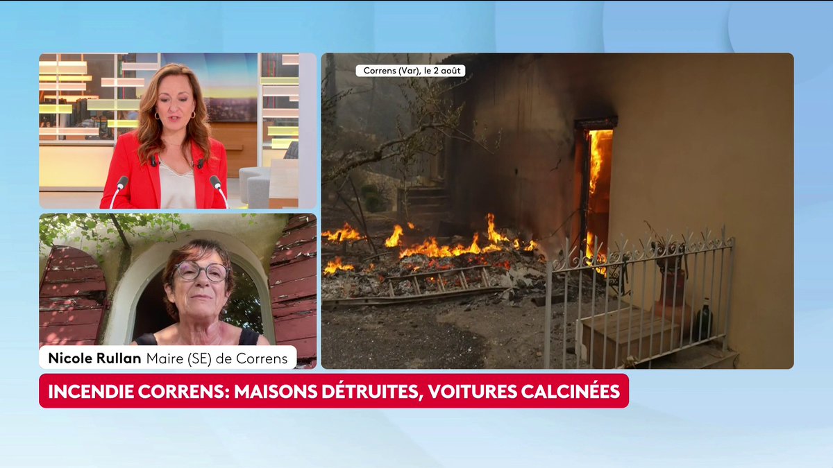 🔴 🗣 Incendies dans le Var : "Avec le vent qui se lève, on a des reprises [de feu] tous les après-midi. (...) On est assez inquiets", déclare Nicole Rullan, maire (SE) de Correns, qui a vu des maisons et jardins tout autour du cœur de la commune ravagés par les flammes. #canal16