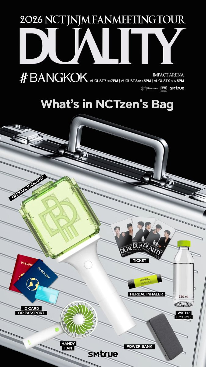 ✨ NCTzen ✨ จัดกระเป๋าแล้วเตรียมมาสัมผัสเสน่ห์ทั้งสองด้านของ 💚 NCT JNJM 💚 ⠀ เมื่อ 🐶 JENO และ 🐰 JAEMIN ก้าวขึ้นบนเวที ความแตกต่างจะหลอมรวมเป็นเคมีที่สมบูรณ์แบบ พร้อมเติมเต็มทุกช่วงเวลาของแฟนมีตติ้งครั้งแรกในประเทศไทย 🇹🇭🎶 ⠀ 💥 𝐒𝐎𝐋𝐃 𝐎𝐔𝐓 💥 𝟐𝟎𝟐𝟔 𝐍𝐂𝐓 𝐉𝐍𝐉𝐌 𝐅𝐀𝐍𝐌𝐄𝐄𝐓𝐈𝐍𝐆 𝐓𝐎𝐔𝐑 [𝐃𝐔𝐀𝐋𝐈𝐓𝐘] # 𝐁𝐀𝐍𝐆𝐊𝐎𝐊 ⠀⠀ 🕶️ 𝟑 รอบการแสดง : ⠀ ⠀⠀𝟕 สิงหาคม 𝟐𝟎𝟐𝟔 (ศุกร์) เวลา 𝟏𝟗:𝟎𝟎 น. ⠀⠀𝟖 สิงหาคม 𝟐𝟎𝟐𝟔 (เสาร์) เวลา 𝟏𝟕:𝟎𝟎 น. ⠀⠀𝟗 สิงหาคม 𝟐𝟎𝟐𝟔 (อาทิตย์) เวลา 𝟏𝟕:𝟎𝟎 น. ⠀ 🪞 สถานที่ : ⠀ ⠀⠀อิมแพ็ค อารีน่า (𝐈𝐌𝐏𝐀𝐂𝐓 𝐀𝐑𝐄𝐍𝐀) ⠀ #NCTJNJM #DUALITY #NCTJNJM_DUALITY #NCTJNJM_FANMEETING_TOUR #NCTJNJM_FANMEETING_TOUR_DUALITY #BANGKOK #SMTrue