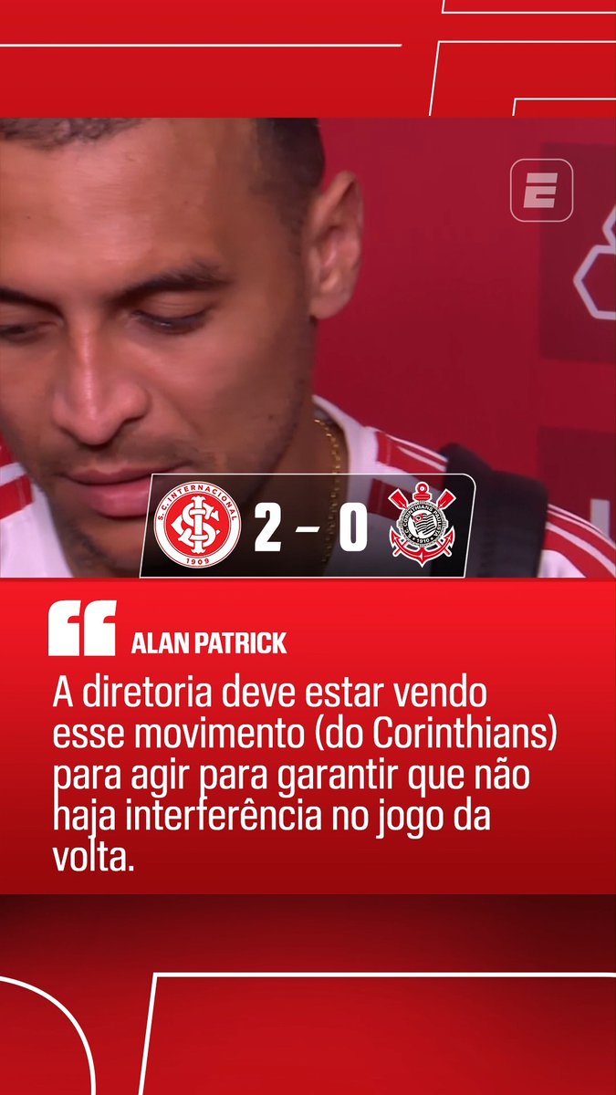 'SEM INTERFERÊNCIA NA VOLTA' - Na zona mista após a vitória do Internacional por 2 a 0 sobre o Corinthians, o meia Alan Patrick, autor do 2º gol colorado, falou sobre as reclamações públicas da equipe paulista sobre a arbitragem e pediu para que a diretoria do clube gaúcho trabalhe para evitar "interferências" na partida de volta, na próxima quinta-feira (6) #FutebolNaESPN #Corinthians #Internacional