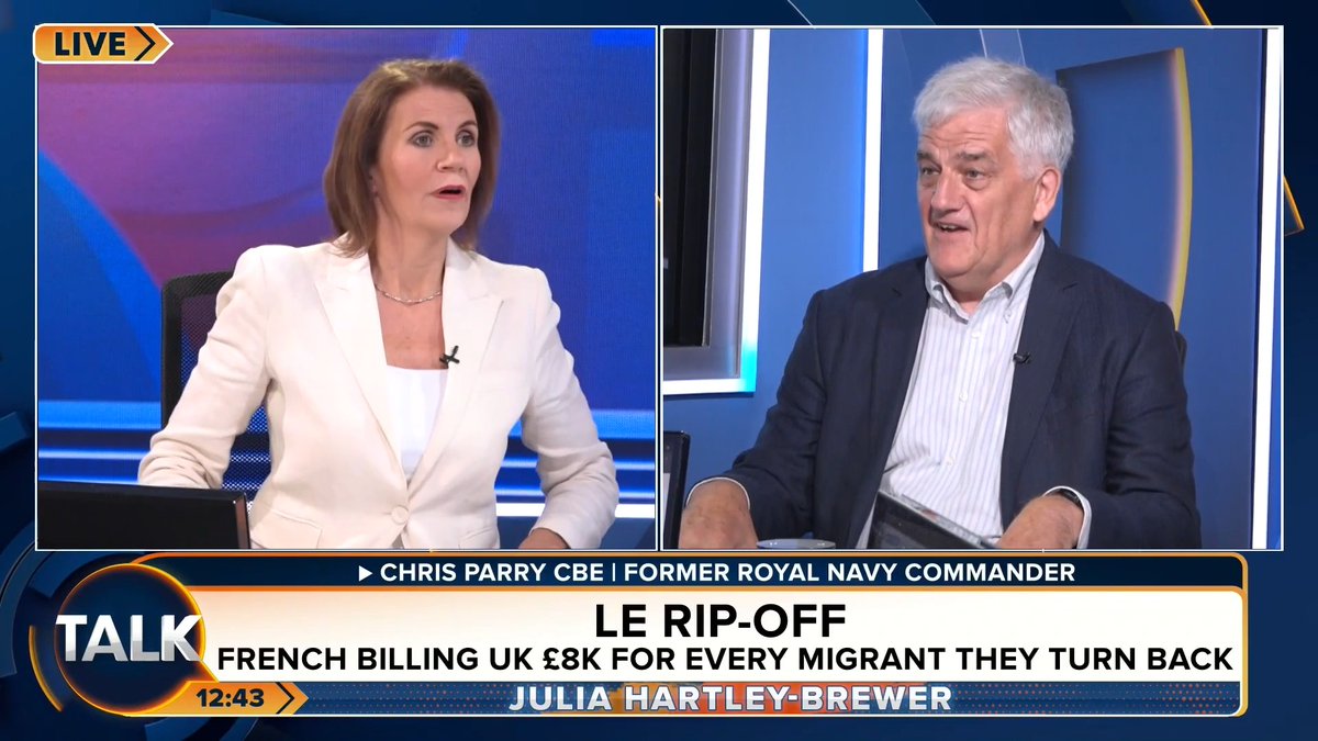 🚨"Disagree entirely. The Navy has got more important things to do. Give it to me as a contractor, I'll do it!" Rear Admiral Dr Chris Parry CBE explains why Reform UK's policy of using the Royal Navy to intercept small boat migrants won't work. Julia Hartley-Brewer | Chris Parry