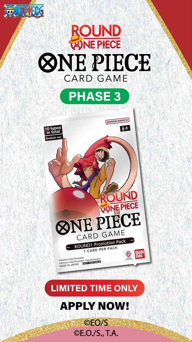 ONE PIECE CARD GAME -ROUND1 Promotion Pack- Register to purchase limited-edition cards and celebrate the ROUND ONE PIECE collaboration! Entry Open: August 3, 2026 at 10AM PT Pickup Period: August 17, 2026 at 10AM – August 23, 2026 (when your designated Round1 venue closes) Participation in the Program is subject to the ONE PIECE CARD GAME ROUND1 Promotion Pack Phase 2 Program Terms and Conditions available at which govern in all respects.