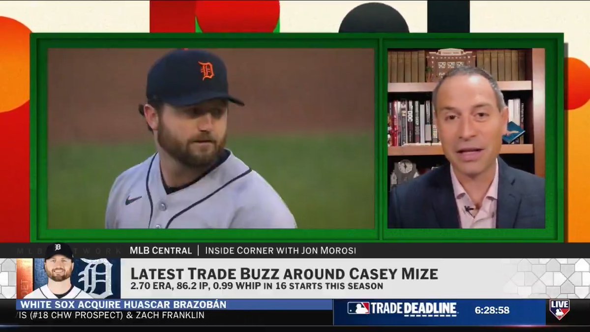 .Jon Morosi mentions the Diamondbacks, Padres, Astros and Phillies as potential suitors for Tigers' RHP Casey Mize: “Mize will probably go to the final buzzer [at the 6pm ET Trade Deadline].” MLB Network + CohnReznick
