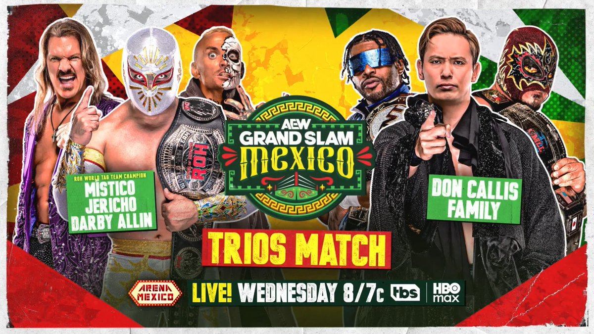 #AEWDynamite #GrandSlamMexico 8/7c TBS & HBO Max This Wed, 8/5 Chris Jericho/DARBY ALLIN/@CaristicoMX vs Kevin Knight ケビン・ナイト/@RainmakerXOkada/Rey Hechicero TNT Champion Kevin Knight challenged for 3 iconic championship caliber fighters to face The Family & Jericho, Darby & Místico answered!