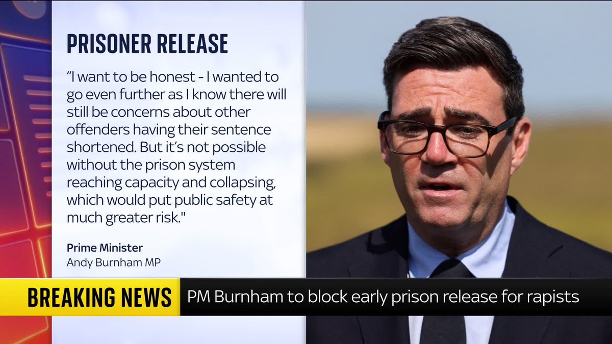 BREAKING: Prime Minister Andy Burnham announces exemptions to the controversial early release scheme, confirming that rape, serious child sex offences, and grooming gang offences will be excluded. Sky's Lucy McDaid has the details. 📺 Sky 501