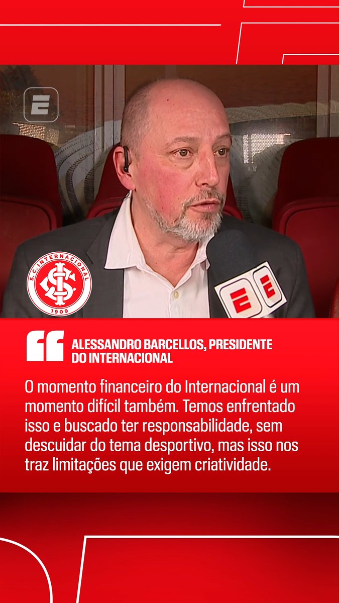 Em entrevista exclusiva à ESPN, Alessandro Barcellos, presidente do Internacional, disse que o momento financeiro do clube é difícil, mas que busca agir com responsabilidade, sem descuidar do aspecto desportivo. #FutebolNaESPN #Internacional