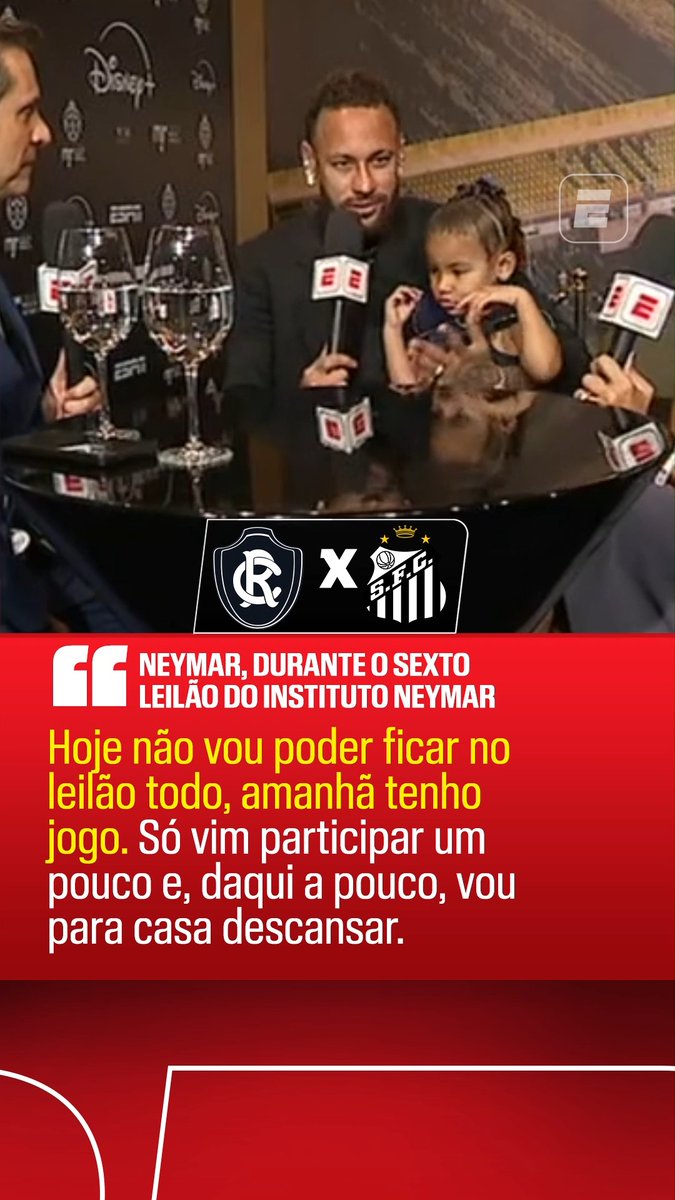 “Não vou poder ficar o leilão todo, porque amanhã tenho jogo. Só vim participar um pouquinho aqui e depois vou para casa descansar.” 🎙️ Neymar. 🎥 ESPN Brasil