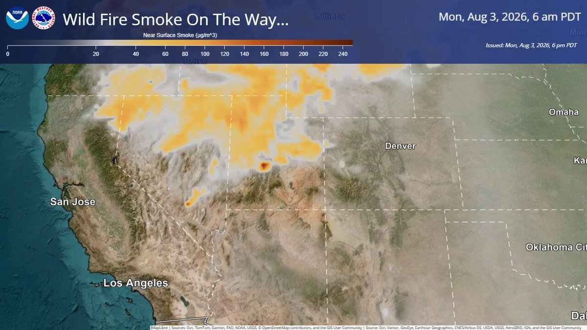 🚨Ridging over the Eastern Pacific will result in smoke from the wild fire outbreaks to our north to be transported south into our area through at least the middle of the week. Expect some hazy days ahead. #CAwx