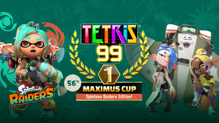 The #Tetris99 56th MAXIMUS CUP event will run from Aug 7 at 12am PT to Aug 10 at 11:59pm PT! Once you’ve accumulated a total of 100 event points, a new theme will unlock, featuring art, music, and Tetrimino designs inspired by #SplatoonRaiders! Tetris_Official