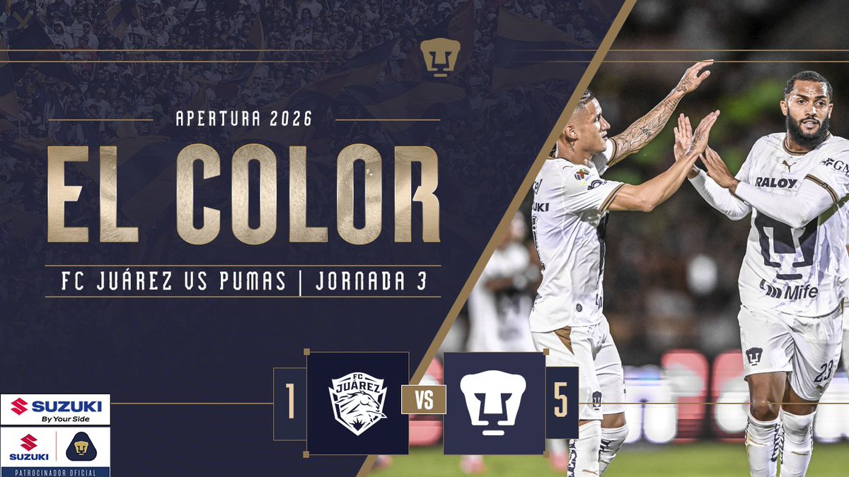 Con humildad, trabajo diario y compromiso, logramos un resultado muy valioso en la frontera. Estos tres puntos nos dan confianza para seguir encaminados hacia los objetivos que nos trazamos. 💪🐾 👨‍🎨 🎨Este es el color SUZUKI México 🚘 del partido ante Juárez de la Jornada 3 del Apertura 2026 #SiemprePumas