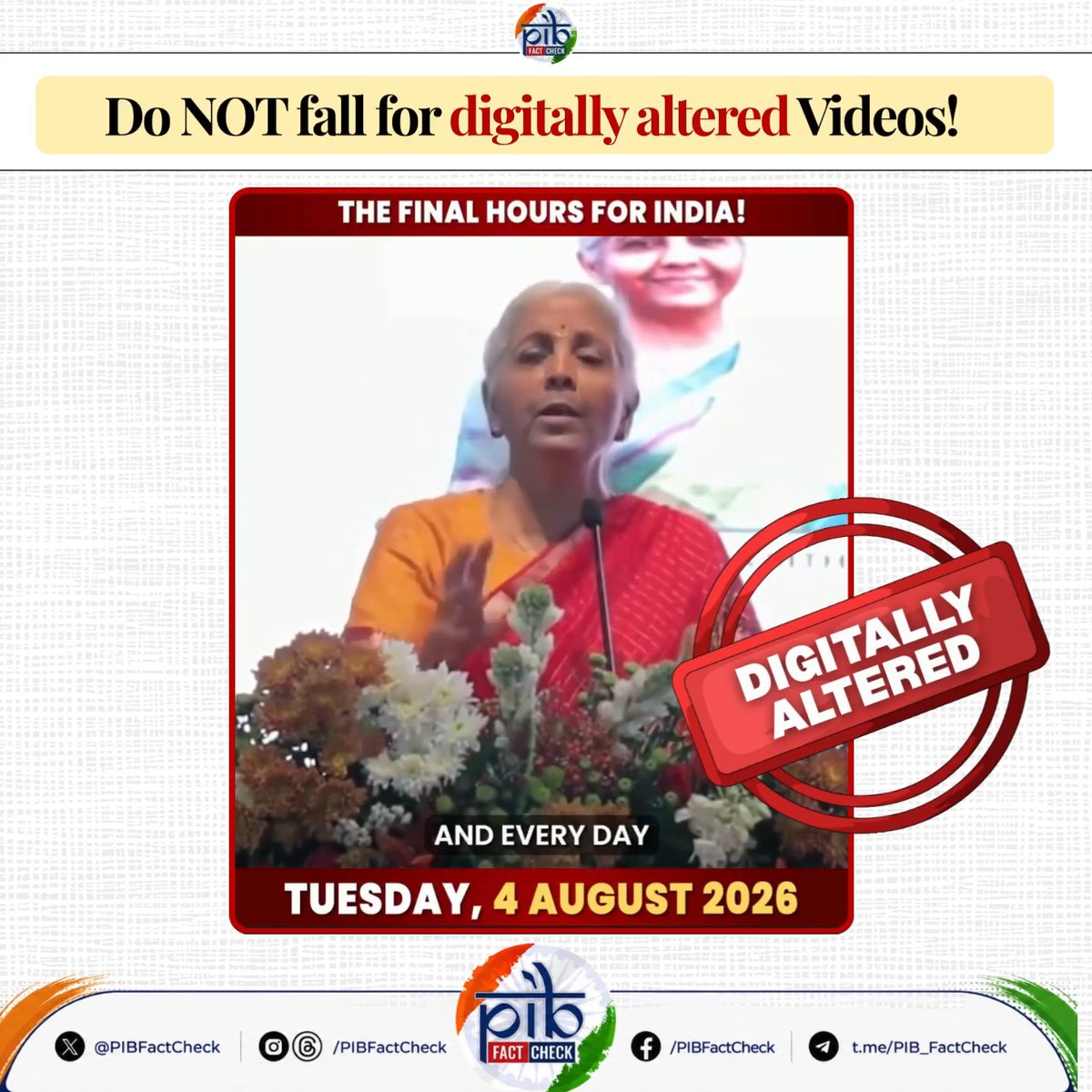 💸 Have you come across a video offering ₹30 lakh per month❓ 🚨 Beware! It's a scam. A sponsored advertisement on #Facebook is circulating an AI-generated video falsely showing Union Finance Minister Nirmala Sitharaman endorsing an investment scheme that claims to offer ₹30 lakh per month on an initial investment of just ₹22,000. #PIBFactCheck ❌ The claim is FAKE . The video has been created using Artificial Intelligence (AI). ✅ Neither Union Finance Minister Nirmala Sitharaman NOR the Government of India has endorsed, authorised, or promoted any such investment scheme or platform. ⚠️ Scammers often use AI-generated videos, fabricated endorsements, and promises of extraordinary returns to deceive people into fraudulent investment schemes. 🔎 Always VERIFY such claims through official sources before investing your money or sharing your personal or financial information. 🛑 Help STOP misinformation and online fraud. Report suspicious or manipulated content to PIB Fact Check: 📲 WhatsApp: +91 8799711259 📧 Email: factcheck@pib.gov.in Ministry of Finance Ministry of Information and Broadcasting Central Bureau of Communication (CBC) DD News All India Radio News PIB India
