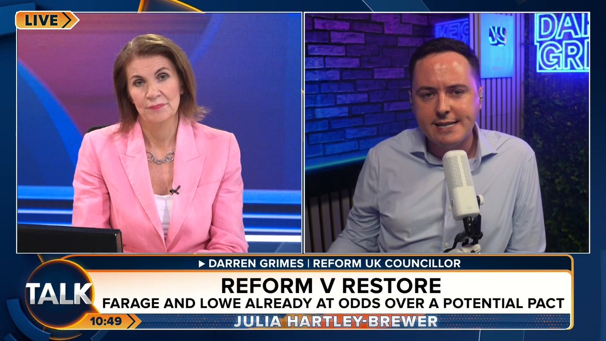 🚨"If it is an olive branch, I think it's poisoned. We are the ones leading the charge!" Reform UK's Darren Grimes tells Julia he is sceptical about Rupert Lowe's offer of a pact with Nigel Farage. Julia Hartley-Brewer | Darren Grimes