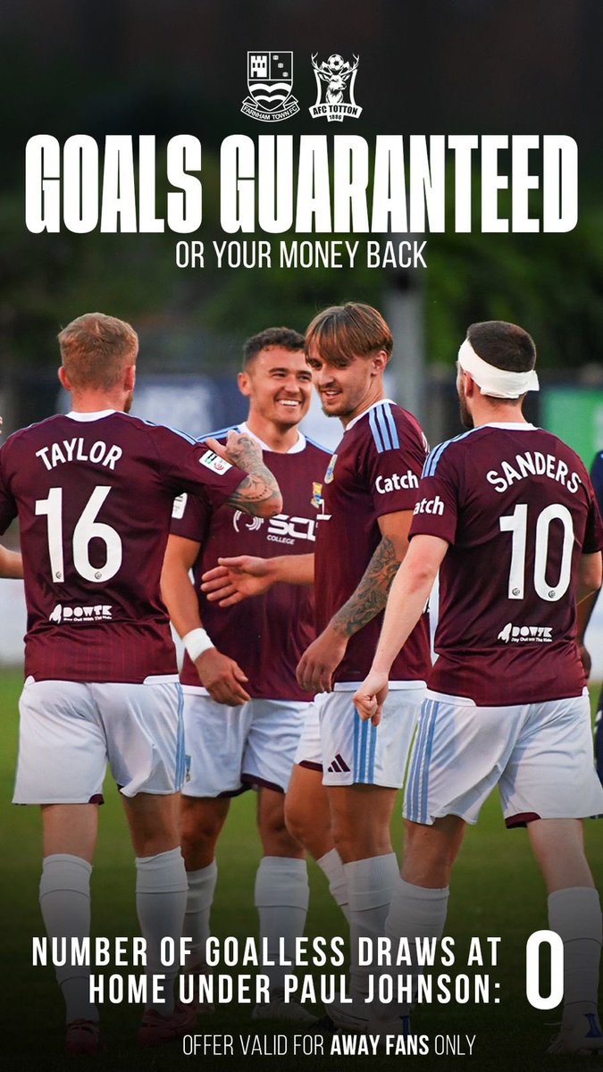 GOALS GUARANTEED OR FULL TICKET REFUND FOR TRAVELLING AFC Totton ⚽️🦌 FANS ⛔️💷 🚨There has NEVER been a 0-0 at home in the league under Paul Johnson 🚨 For our first ever Enterprise National League match on Saturday, I’m refunding all away tickets bought online if you see Johno’s first home league 0-0 draw. That’s GOALS GUARANTEED Farnham Town FC 💪🏽 BUY AWAY TICKETS ➡️