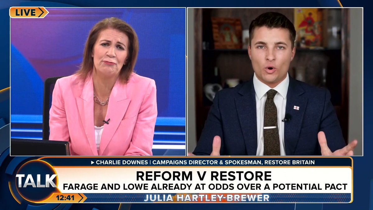 🚨Julia Hartley-Brewer and Restore Britain's Charlie Downes clash over ethnicity and "demographic security". Charlie Downes: "Julia, you are acting like a mouthpiece for the regime." Julia Hartley-Brewer: "Oh, do shut up, Charlie! You're embarrassing yourself."