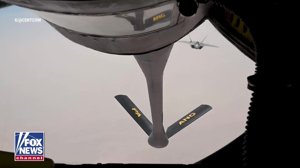 An F-22 stealth fighter connects with a KC-135 Stratotanker for a mid-air refueling mission over the Middle East. This comes as President Trump said he is giving Iran “every last chance” to reach a deal before the U.S. carries out a far more punishing military operation.