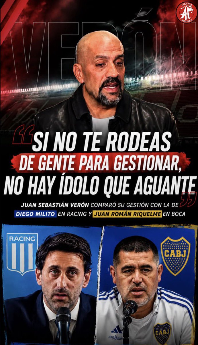#EDLP | “ SI NO TENÉS GENTE QUE TE AYUDE A GESTIONAR, NO HAY ÍDOLO QUE AGUANTE” Juan Sebastián Verón habló en exclusiva con #AtentosPinchas y se refirió a la problemática que puede generar pasar de ser ídolo como jugador a dirigente. El presidente de Estudiantes de La Plata fue consultado sobre la gestión de Juan Román Riquelme en Boca y Diego Milito en Racing y remarcó : “ A mí la gente me quiere. Pero más allá de la figura es importante rodearte de gente que te ayude bien. De lo contrario, no hay ídolo que aguante”.