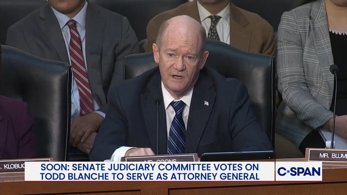 Sen. Senator Chris Coons (D-DE) statement opposing Todd Blanche's nomination: "Our citizens want and truly deserve an independent and transparent Department of Justice. I don't think Mr. Blanche can or even wants to deliver on that goal."