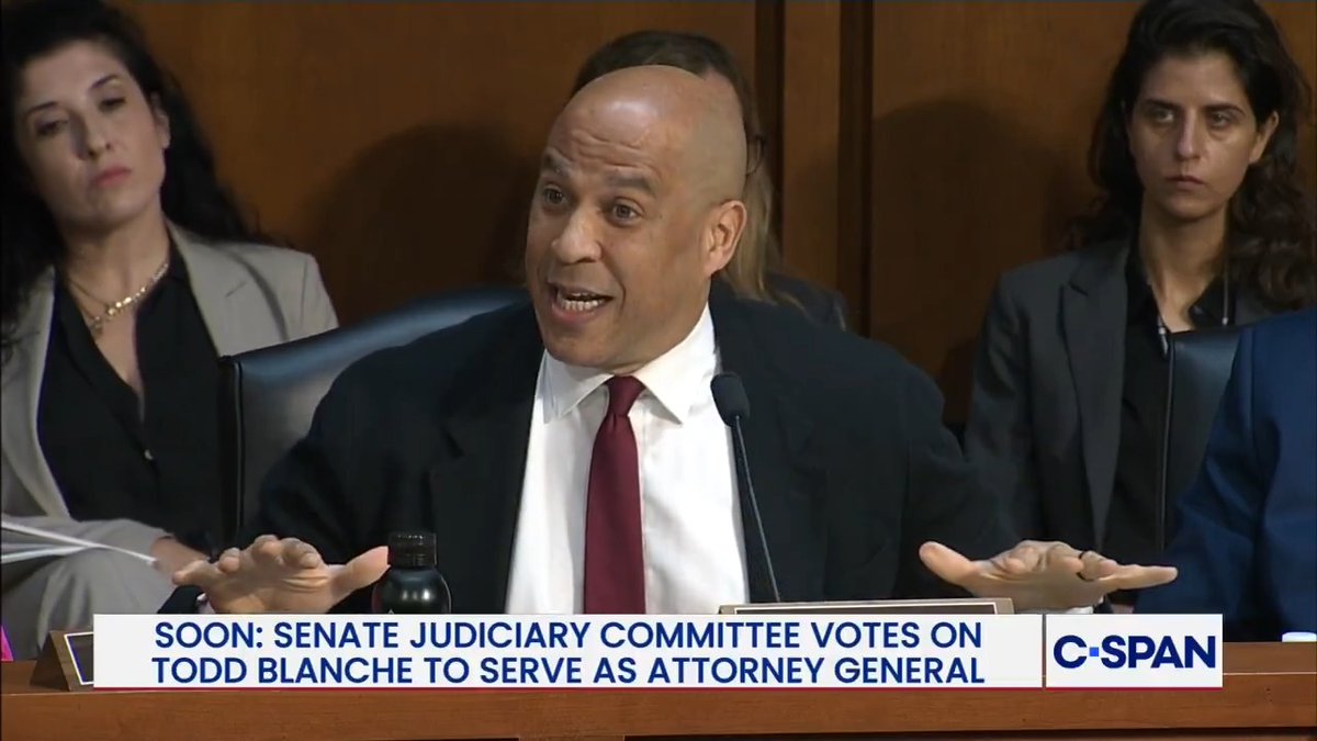 Sen. Cory Booker (D-NJ) statement opposing Todd Blanche's nomination: "He is about to become Trump's sword against his adversaries and shield against any scrutiny."