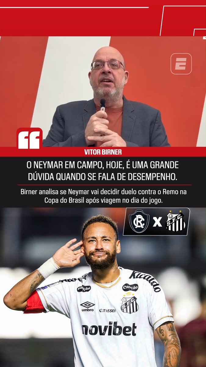 “Hoje, o Neymar é uma grande dúvida quando se fala de desempenho em campo.” “Se ele vai resolver ou não contra o Remo hoje? Um mero palpite: sim, dessa vez ele resolve!” 🎙️ Vitor Birner, na ESPN. 🎥 ESPN Brasil | SportsCenter Brasil